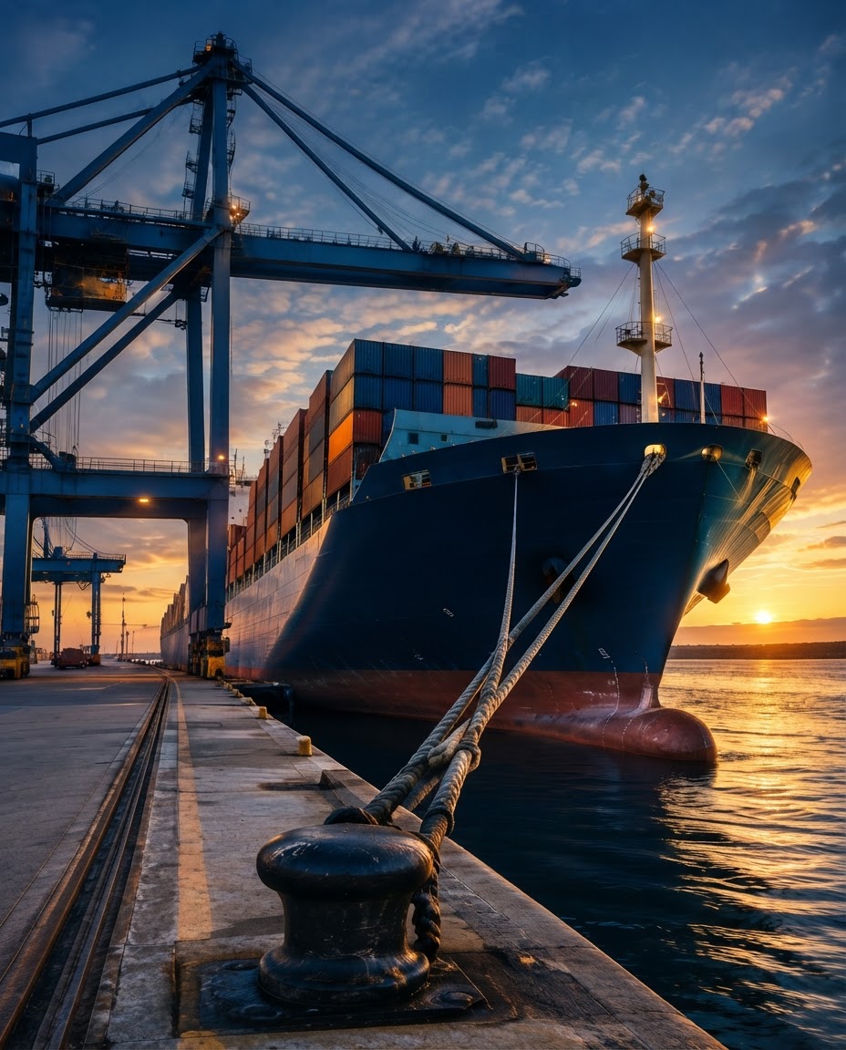 Navio porta-contêineres atracado no cais