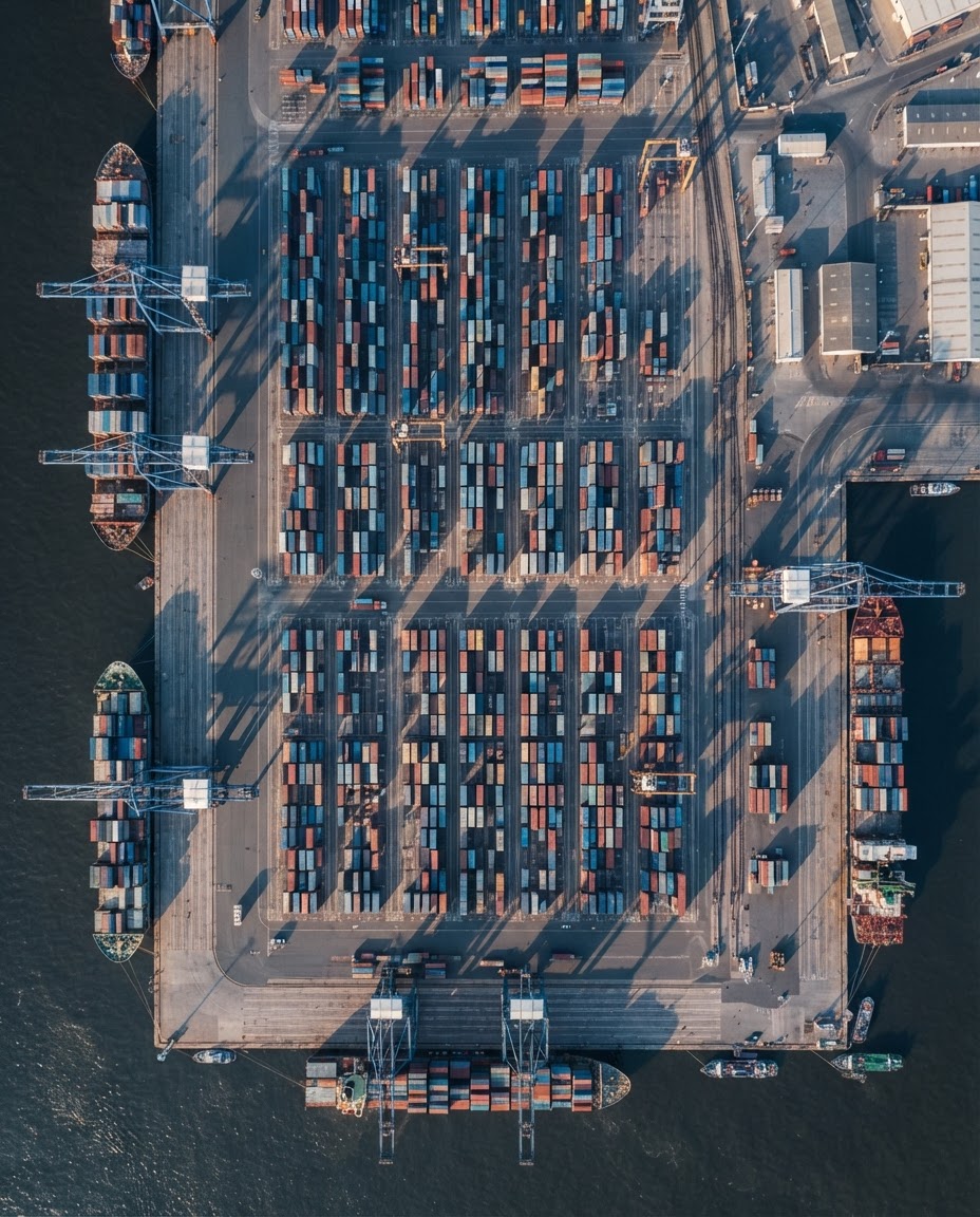 Vista aérea esquemática de um terminal portuário